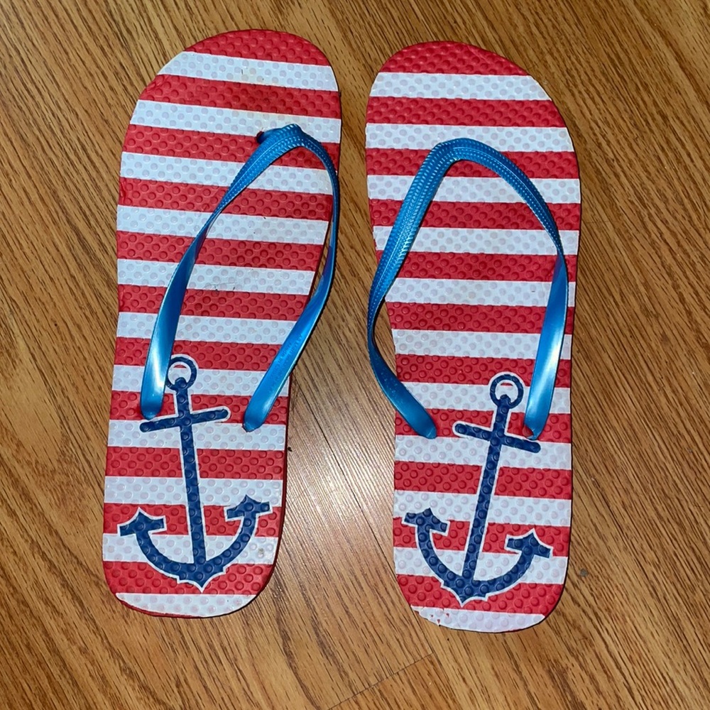 Women’s nautical anchor red white and blue striped flip flop sandals size US 7-8 - Picture 1 of 5